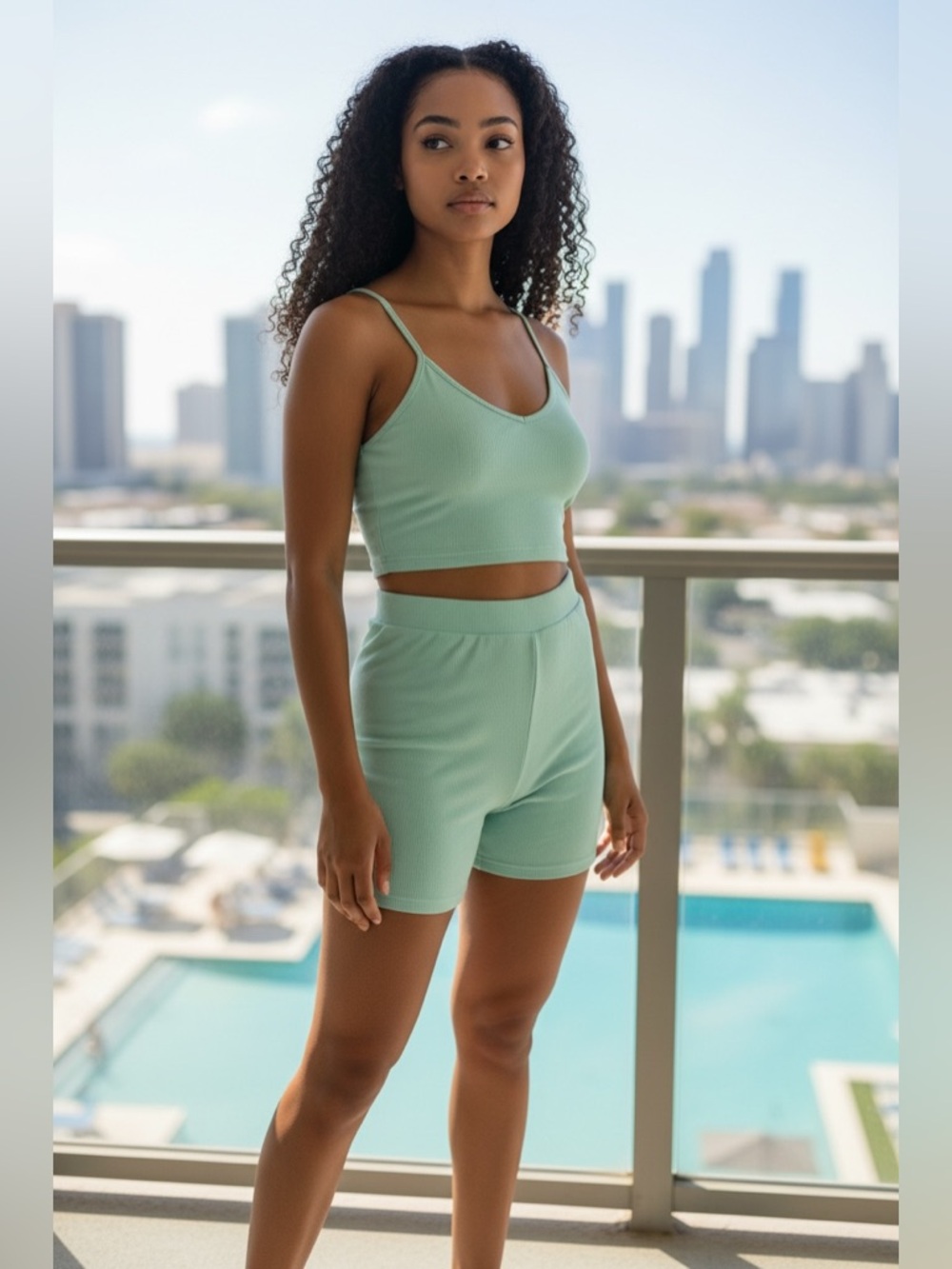 Women's Ribbed Lounge Set - Mint Green Crop Tank & Shorts